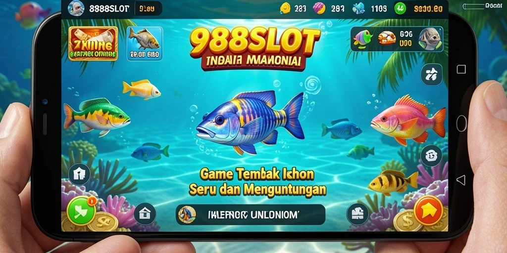 Screenshot game 988SLOT menampilkan aksi menembak ikan yang seru.