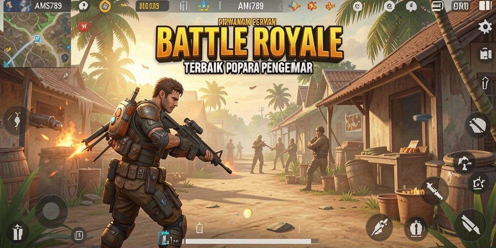 Screenshot AMS789 menampilkan aksi seru dalam pertempuran Battle Royale.