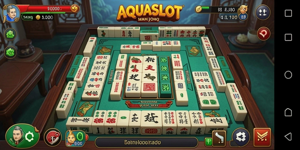Screenshot gameplay AQUASLOT yang menampilkan aksi Mahjong yang menegangkan.
