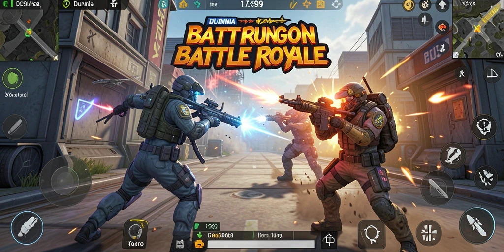 Screenshot gameplay DS99 menampilkan aksi pertarungan Battle Royale yang mendebarkan.