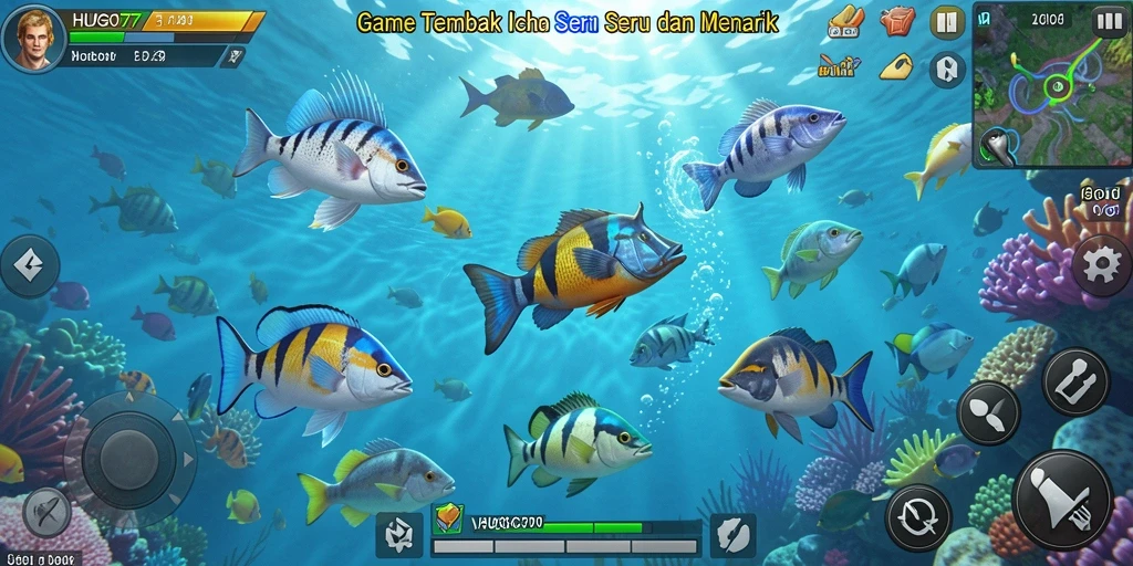 Gameplay HUGO77 menampilkan aksi menembak ikan yang seru.