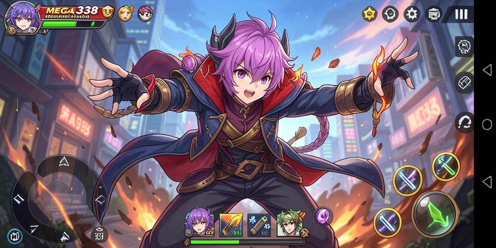 Tangkapan layar gameplay MEGA338 dengan karakter Anime penuh warna.