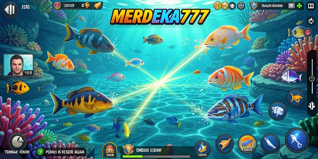 Tangkapan layar gameplay MERDEKA777 dengan ikan yang berwarna-warni.