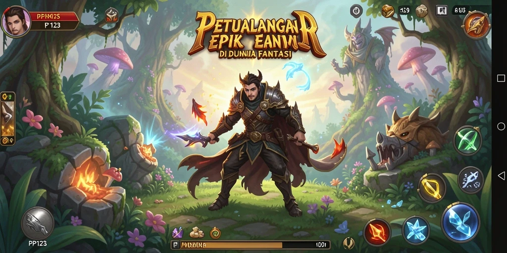 Screenshot utama PP123 menampilkan karakter utama beraksi dalam pertarungan RPG.