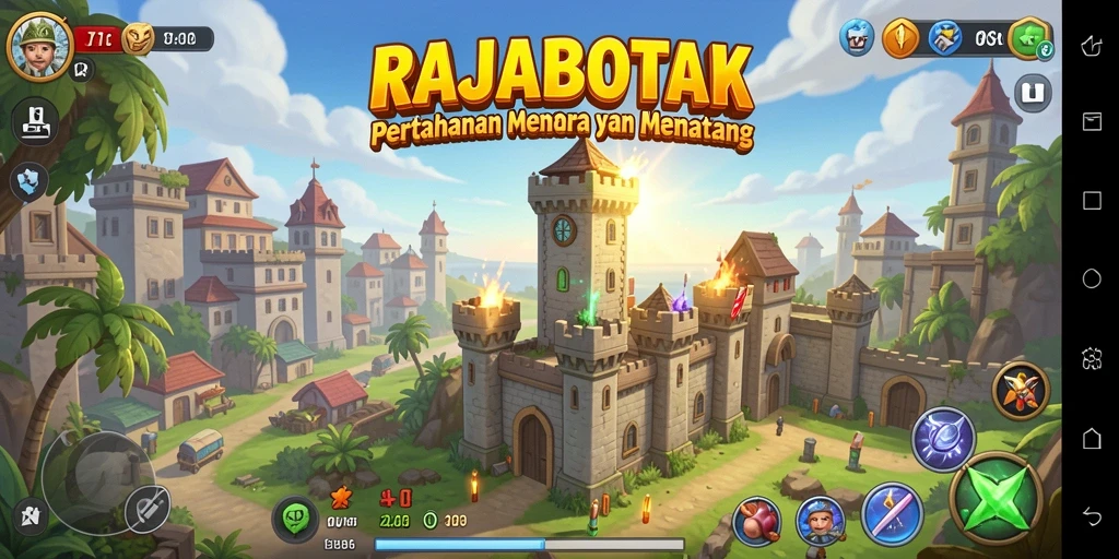 Screenshot RAJABOTAK menampilkan aksi intens dalam pertahanan menara.