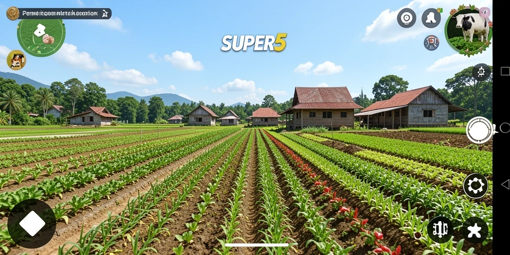 Tampilan gameplay SUPER5 yang menarik dengan berbagai tanaman dan aktivitas pertanian.